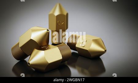 Brass 3D printer nozzles isolated on gray background. 3D illustration. Stock Photo