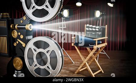 Vintage camera, director's chair, clapperboard and horn in studio. 3D illustration. Stock Photo
