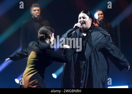 KYIV, UKRAINE - FEBRUARY 2, 2024 - Singers Alyona Alyona (R) and Jerry Heil perform their song, Teresa & Maria, during the final of the Vidbir 2024, the national selection stage for the Eurovision Song Contest 2024, Kyiv, capital of Ukraine. Stock Photo