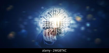 Businessman touching an AI chip, human-AI interaction concept, copy space Stock Photo