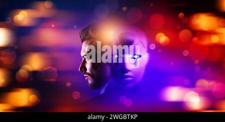 Man and futuristic AI android robot merging together, Artificial Intelligence concept Stock Photo
