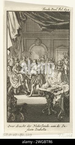 Transfer of the Spanish Netherlands by Philip II to Isabella Clara Eugenia, Infante van Spain, 1597, 1697 - 1699 print Transfer of the Spanish Netherlands by Philip II to Isabella Clara Eugenia, Infante from Spain, September 10, 1597. Interior with Isabella Clara Eugenia, Infante of Spain and Philip II on his throne, a man bends his hand for him and kisses his hand. Northern Netherlands paper etching Stock Photo