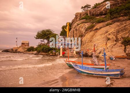 the Beach with the standing Buddha at Wat Khao Takiab near the City of Hua Hin in the Province of Prachuap Khiri Khan in Thailand,  Thailand, Hua Hin, Stock Photo