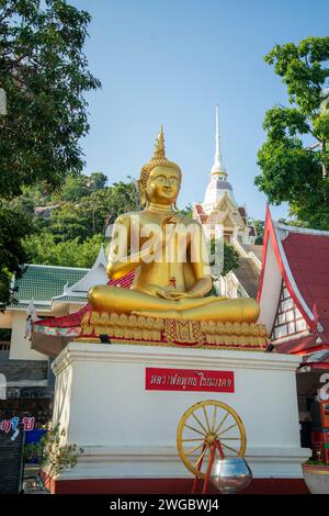 a Big Buddha at the Wat Khao Takiab on the Chpstick Hill in the town of khao Takiab south of the City of Hua Hin in the Province of Prachuap Khiri Kha Stock Photo