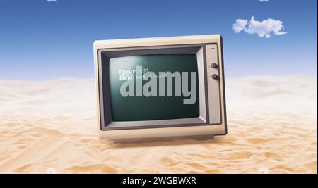 Vintage computer lost in the desert and page not found message on the screen Stock Photo