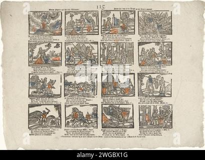 New figures uyt the Old Testament / Staen here for all the youth imprinted on the paper., 1767 - 1793 print Leaf with 16 performances of stories from the Old Testament. Under each image a four -line fresh and a reference to the corresponding Bible text. Numbered in the middle: 115. publisher: Amsterdamprint maker: Netherlands paper letterpress printing Old Testament Stock Photo