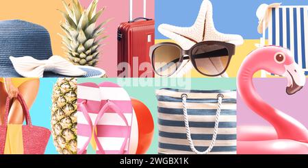 Collage of colorful pastel beach accessories and summer vacation items Stock Photo