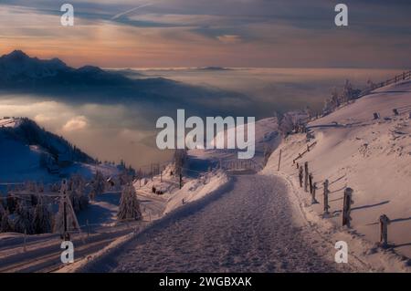 Snow covered road on Mt Rigi, Switzerland Stock Photo
