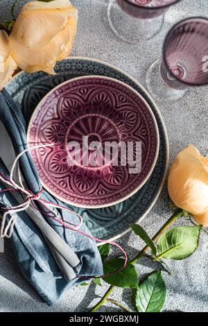 Overhead view of an elegant  place setting with roses Stock Photo
