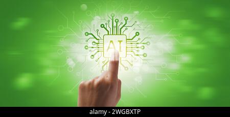 Human hand touching an AI chip, Artificial Intelligence background Stock Photo