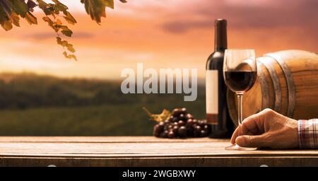 Senior expert winemaker drinking a glass of red wine and view of the vineyard in the background, copy space Stock Photo