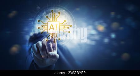 Businessman touching an AI chip, human-AI interaction concept, copy space Stock Photo