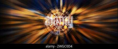 AI Artificial intelligence, connections, machine learning and computer science abstract background with chip Stock Photo