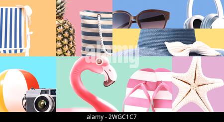 Collage of colorful pastel beach accessories and summer vacation items Stock Photo