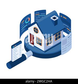 Flat 3d Isometric House on Magnifying Glass with Data Analysis. Real Estate Investment Concept Stock Vector