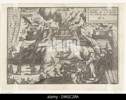 Siege of Ostend: Brand in Fort Albertus on November 13, 1601, 1615 print Siege of Ostend: the burning of the Logement of the Archduke Albrecht located in Fort Albertus, November 13, 1601. In the foreground dismay among the soldiers and with a clergyman with a crucifix. At the top right a cartouche with inscription in Latin. Numbered at the top right: 3.  paper etching / engraving siege, position war. on fire, ablaze Ostend. Fort Albertus Stock Photo