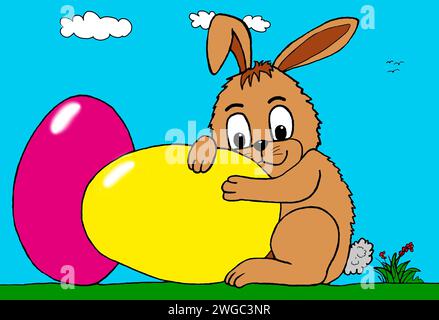 Little hand-drawn Easter bunny hugs two colorful Easter eggs on a green meadow. Stock Photo