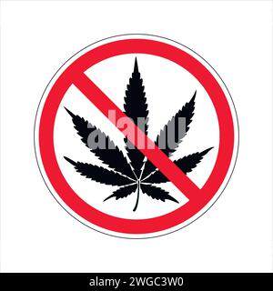 Prohibition sign. Hemp. Black forbidden marijuana leaf icon. Prohibited illegal cannabis. Stock Vector