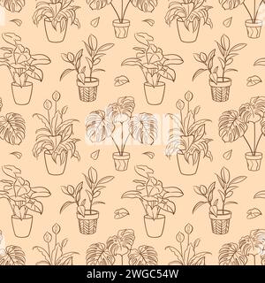 Ficus, Syngonium, Monstera, Spathiphyllum. seamless pattern. Exotic plant in a pot. Home floriculture, house plants, hobby. Botanical Outline illustra Stock Vector