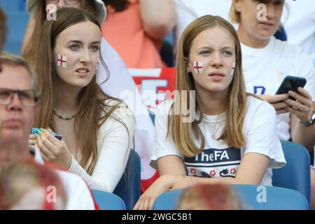 Female football fans with face painted St Gerogres flags England v Spain, UEFA Womens Euro 2022, at Brighton Community Stadium 20 July 2022 Stock Photo