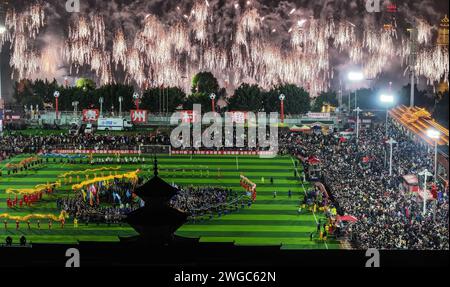 Beijing, China. 3rd Feb, 2024. An aerial drone photo taken on Feb. 3, 2024 shows a firework show during a 'village gala' held after a football match of Village Super League, dubbed 'Cun Chao,' in Rongjiang County, southwest China's Guizhou Province. Credit: Liu Xu/Xinhua/Alamy Live News Stock Photo