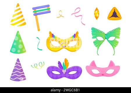 carnival set, purim party. Masks, hamantaschen cookies, cap. Jewish holiday. For your stickers, poster design, banner design, stickers vector Stock Vector