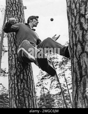 VLADISLAV TRETYAK ice hocke y golie in Soviet national team and  CSKA Moscow carry out balance training between two tree trunks and ball exercise with the left hand Stock Photo