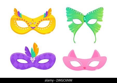 Set of carnival masks owl, cat, feathers and butterfly, for masquerade, purim and mardi gras. On a white  background Stock Vector