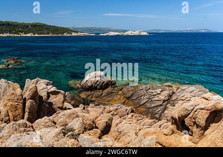 Colourful Early Summer View of Eroded Rocks on the North Coast of Sardinia With, Capo d’Orso and Islands of La Madallena and Caprera, Turquoise Sea Stock Photo