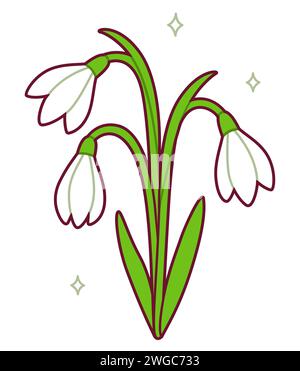 Snowdrop flowers bouquet, cute simple spring time drawing. Cartoon vector illustration. Stock Vector