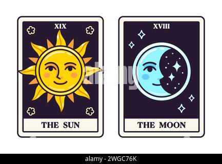 The Sun and The Moon Tarot cards in simple modern cartoon style. Vector clip art illustration. Stock Vector