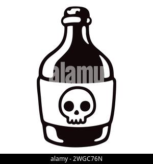 Cartoon poison bottle drawing, hand drawn doodle icon. Black and white retro style jar with skull. Isolated clip art illustration. Stock Vector