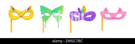 Set of carnival masks on a stick of owl, cat, feathers and butterfly, for masquerade, purim and mardi gras. On a white insulated background  vector Stock Vector