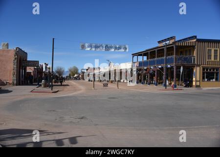 Tombstone, Arizona. U.S.A. 12/30/2023. Allen Street.  Tombstone’s main street.  Boutiques, saloons, dining, art galleries, and collectible shops. Stock Photo