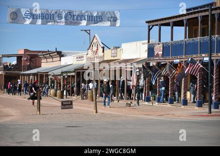 Tombstone, Arizona. U.S.A. 12/30/2023. Allen Street.  Tombstone’s main street.  Boutiques, saloons, dining, art galleries, and collectible shops. Stock Photo