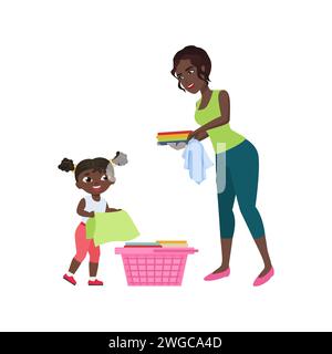 Daughter and mother doing laundry, carry dirty clothes to basket vector illustration Stock Vector