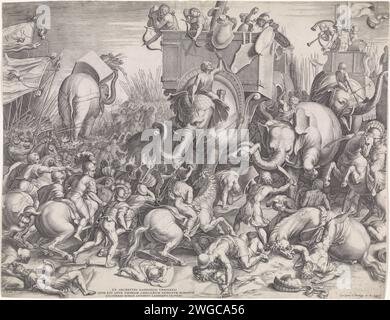 Battle of Zama between Scipio and Hannibal, Cornelis Cort, After Giulio Romano, After Rafaël, 1567 print Battle between Rome and Carthage, led by Scipio and Hannibal. The Carthagen army runs on elephants, the Romans are on foot and on horseback, but can eventually beat Carthage. Rome paper engraving Hannibal crosses the Alps with his army and his elephants. (story of) P. Cornelius Scipio Africanus Major. battle. trunked animals: elephant Stock Photo