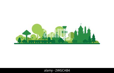 Abstract green amusement park landscape with silhouettes of fairytale castle and kids train attraction vector illustration Stock Vector