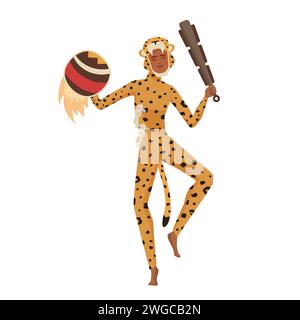 Aztec warrior or hunter in jaguar costume with club and shield dancing ritual dance vector illustration Stock Vector