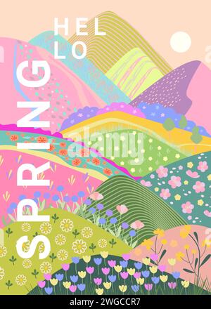 Hello spring, vertical banner, meadow with flowers Stock Vector