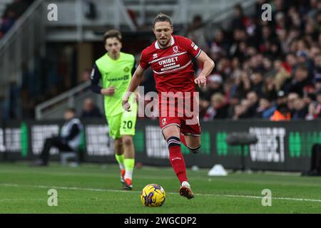 Middlesbrough, UK. 04th Feb, 2024. Luke Ayling of Middlesbrough with the ball during the Sky Bet Championship match Middlesbrough vs Sunderland at Riverside Stadium, Middlesbrough, United Kingdom, 4th February 2024 (Photo by Mark Cosgrove/News Images) in Middlesbrough, United Kingdom on 2/4/2024. (Photo by Mark Cosgrove/News Images/Sipa USA) Credit: Sipa USA/Alamy Live News Stock Photo