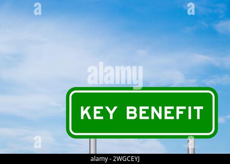 Green color transportation sign with word kney benefit on blue sky with white cloud background Stock Photo