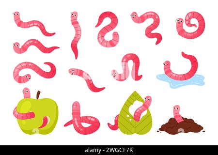 Funny pink worms set. Cute happy earthworms characters eat apple or green leaf, mascots with different expressions and joy crawl in garden soil, compost worms walk cartoon vector illustration Stock Vector