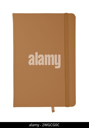 Closed beige brown faux leather cover notebook isolated on white background, flat lay, directly above Stock Photo