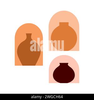 Decorative arabian clay pots. Ceramic vases on moroccan wall cartoon vector illustration Stock Vector