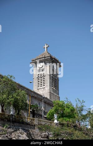 Nha Trang Cathedral of Catholic Christianity with French Gothic style is the largest church with cross and clock in the city at Vietnam Stock Photo