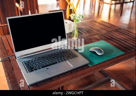 Modern laptop with wireless mouse and flower vase on wooden table Stock Photo