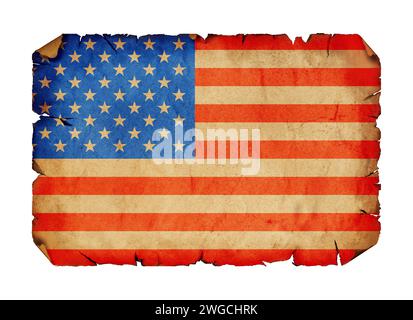 US flag on old vintage brown paper scroll, symbol of the American culture, history, heritage, traditions and patriotism in the USA, isolated on white Stock Photo