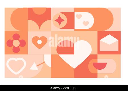 geometry abstract pattern with heart - love card. Vector illustration can used for valentines day, love day, wedding design. Flower, mail, hearts, bow, smile - romantic design in peach and pink colors Stock Vector