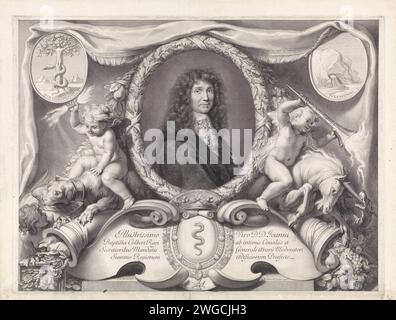 Allegorical show with portrait of Jean-Baptiste Colbert, Gerard Edelinck, After Charles Le Brun, After Pierre Mignard (1612-1695), 1682 print Top part of a print from two parts. The portrait of the statesman Jean-Baptiste jacket in ovale list, flanked by two putti; one with a lightning bolt on a dog; The other with trumpet on a unicorn. Two oval medallions with emblem in the upper corners. Under the portrait a cartouche with the coat of arms of Colbert and on both sides four lines of text in Latin. print maker: Parisafter drawing by: Parisafter painting by: Parisprint maker: Paris (possibly)Fr Stock Photo